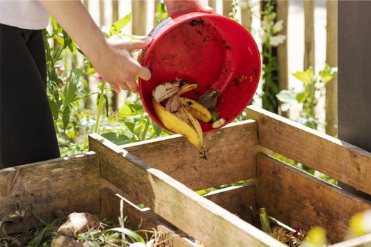 A person adding scraps to composter