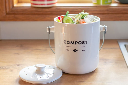 Compost bin with food scarps on the counter
