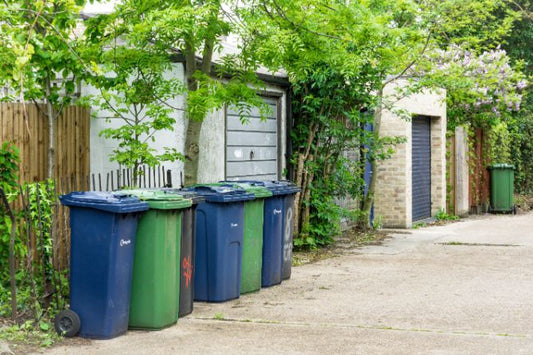 Compost and recycle bins lined up outside homes