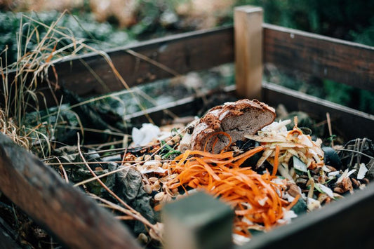 A pile of food scraps next to some tiles that spell out compost