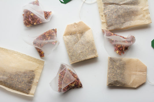 Various kinds of tea bags in flatlay