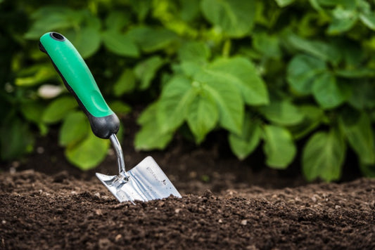 A silver garden shovel dug part way into soil