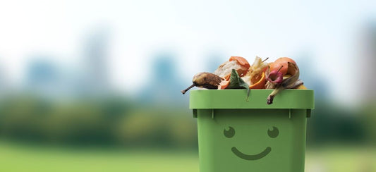 A small kitchen compost bin beside vegetable scraps